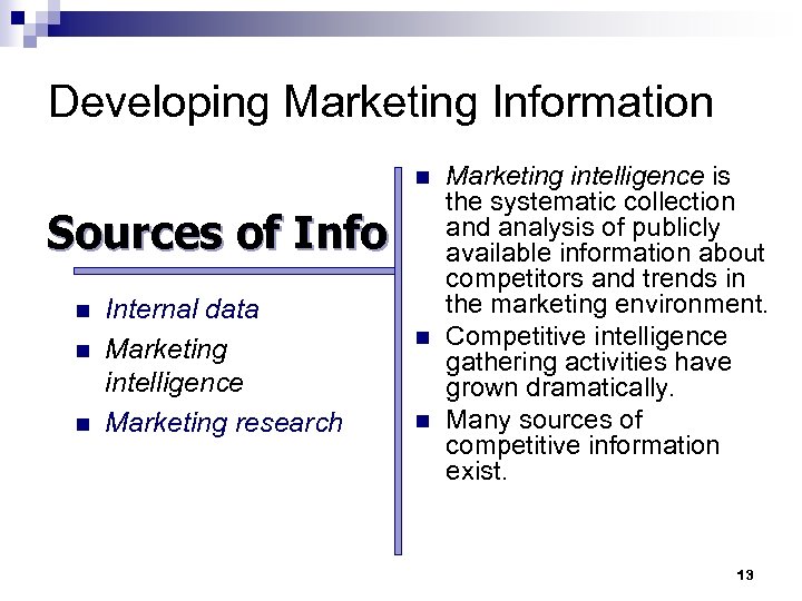 Developing Marketing Information n Sources of Info n n n Internal data Marketing intelligence