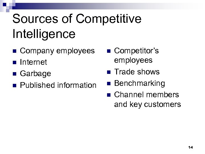 Sources of Competitive Intelligence n n Company employees Internet Garbage Published information n n