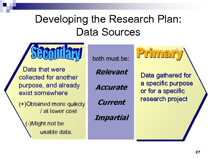 Developing the Research Plan: Data Sources both must be: Data that were collected for