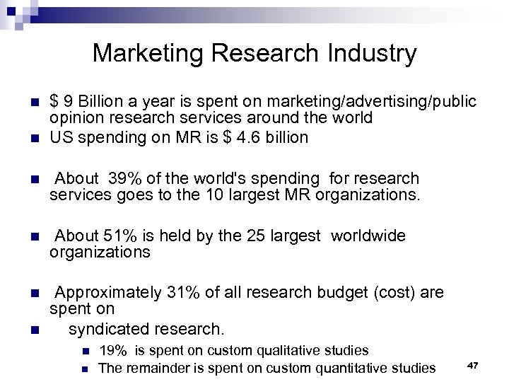 Marketing Research Industry n n $ 9 Billion a year is spent on marketing/advertising/public