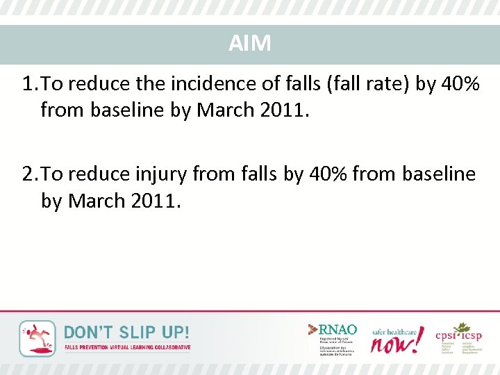 AIM 1. To reduce the incidence of falls (fall rate) by 40% from baseline