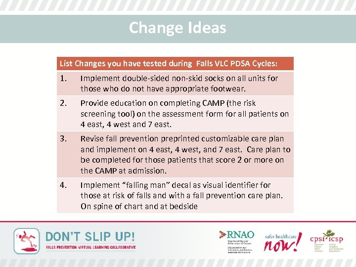 Change Ideas List Changes you have tested during Falls VLC PDSA Cycles: 1. Implement