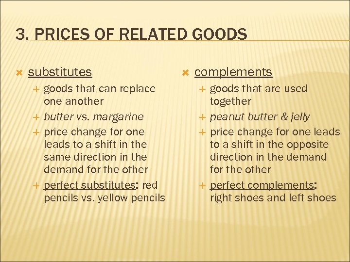 3. PRICES OF RELATED GOODS substitutes goods that can replace one another butter vs.