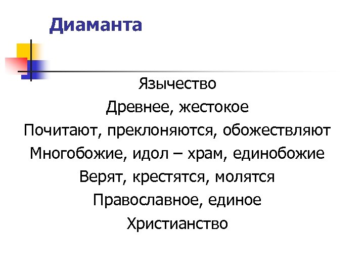 Диаманта Язычество Древнее, жестокое Почитают, преклоняются, обожествляют Многобожие, идол – храм, единобожие Верят, крестятся,