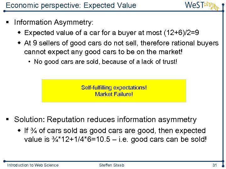 Economic perspective: Expected Value § Information Asymmetry: w Expected value of a car for