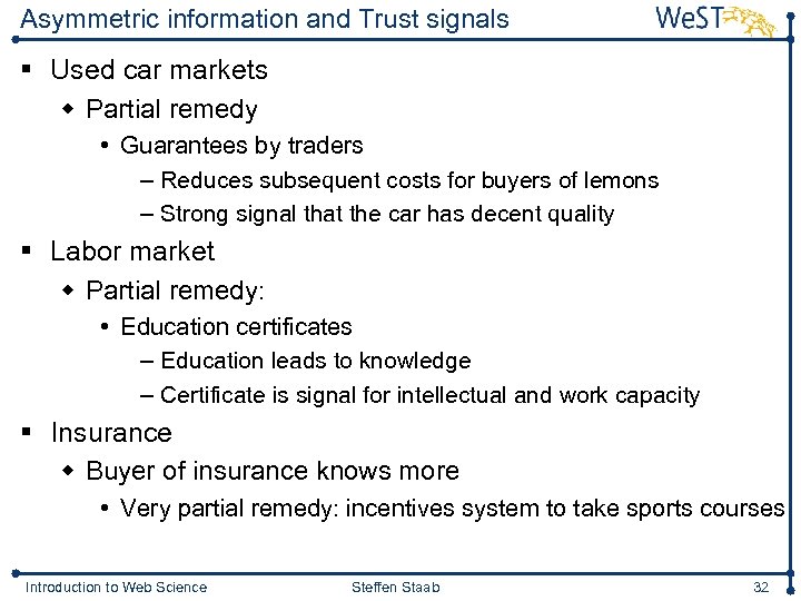 Asymmetric information and Trust signals § Used car markets w Partial remedy • Guarantees