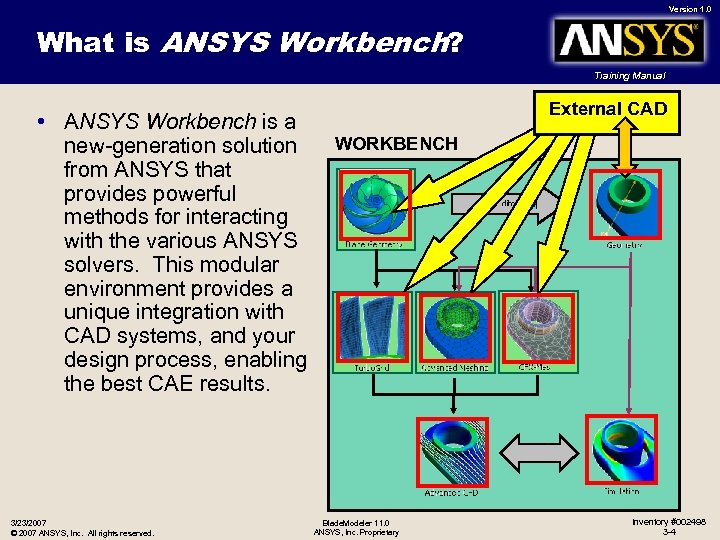 Version 1. 0 What is ANSYS Workbench? Training Manual • ANSYS Workbench is a