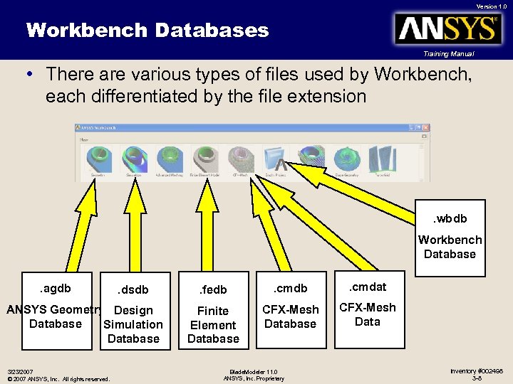 Version 1. 0 Workbench Databases Training Manual • There are various types of files