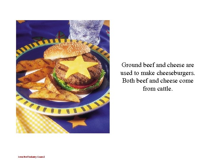 Ground beef and cheese are used to make cheeseburgers. Both beef and cheese come