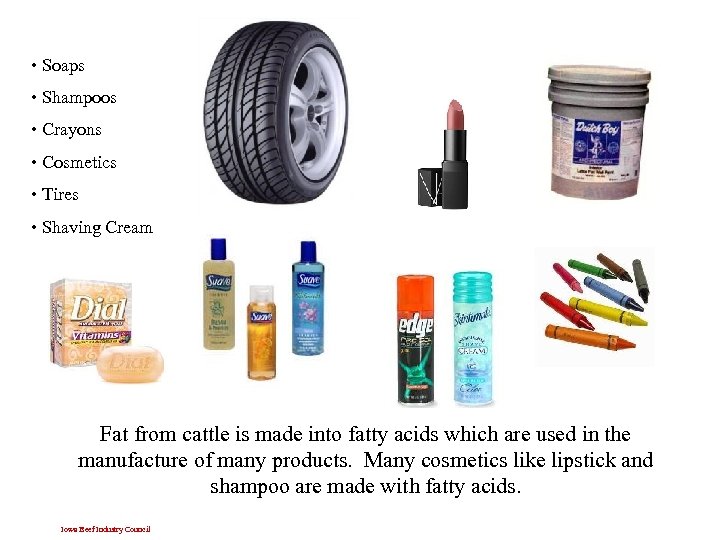  • Soaps • Shampoos • Crayons • Cosmetics • Tires • Shaving Cream