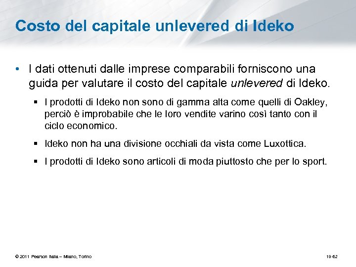 Costo del capitale unlevered di Ideko • I dati ottenuti dalle imprese comparabili forniscono