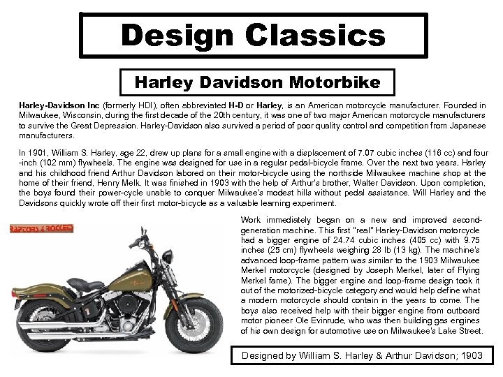 Design Classics Harley Davidson Motorbike Harley-Davidson Inc (formerly HDI), often abbreviated H-D or Harley,