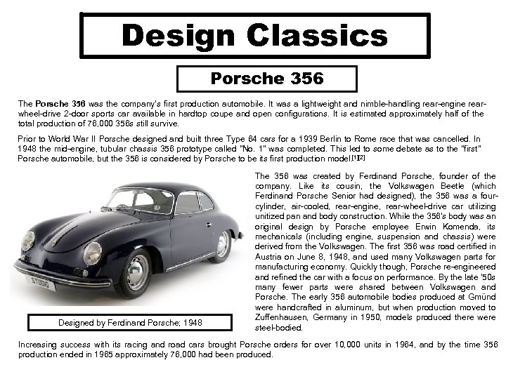 Design Classics Porsche 356 The Porsche 356 was the company's first production automobile. It