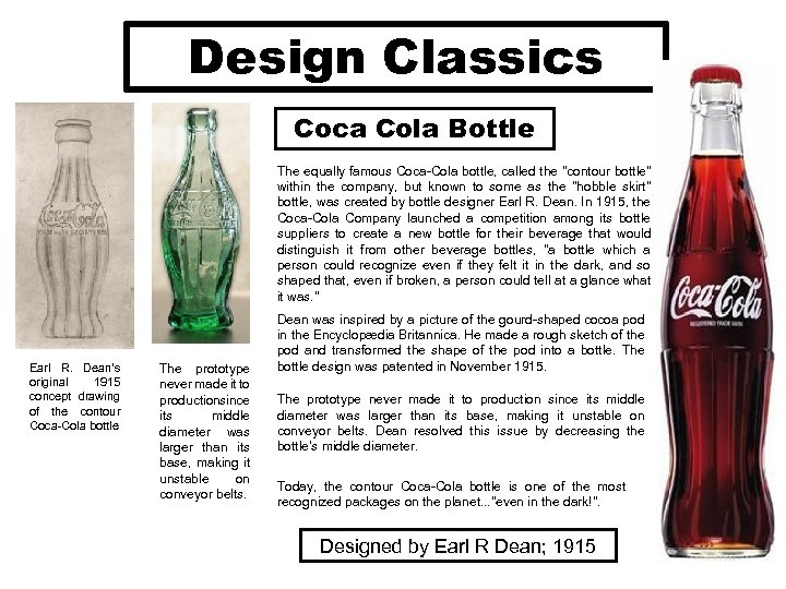 Design Classics Coca Cola Bottle The equally famous Coca-Cola bottle, called the 