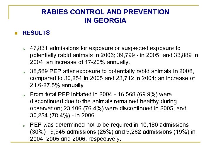 RABIES CONTROL AND PREVENTION IN GEORGIA n RESULTS o o 47, 831 admissions for