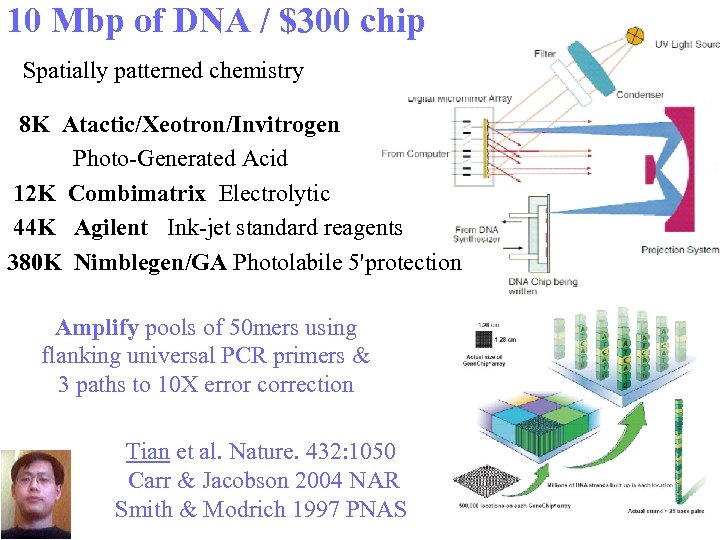 10 Mbp of DNA / $300 chip Spatially patterned chemistry 8 K Atactic/Xeotron/Invitrogen Photo-Generated