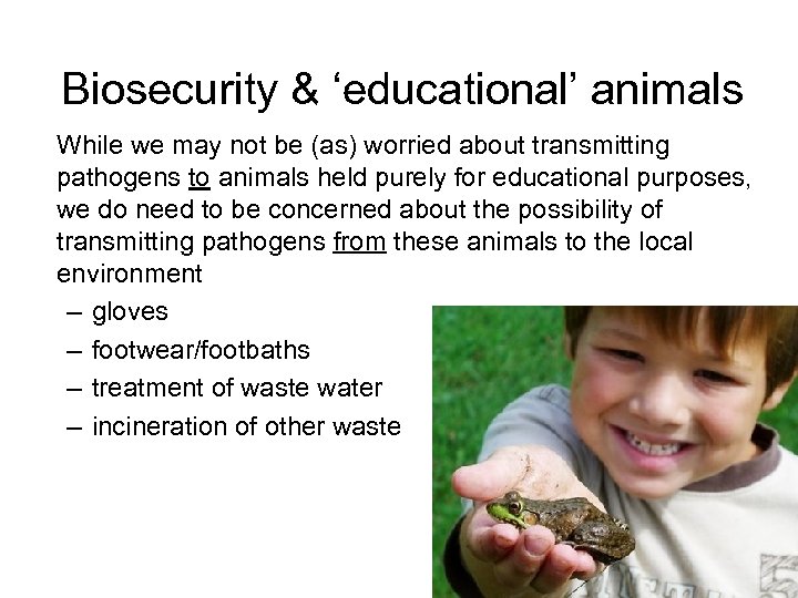 Biosecurity & ‘educational’ animals While we may not be (as) worried about transmitting pathogens