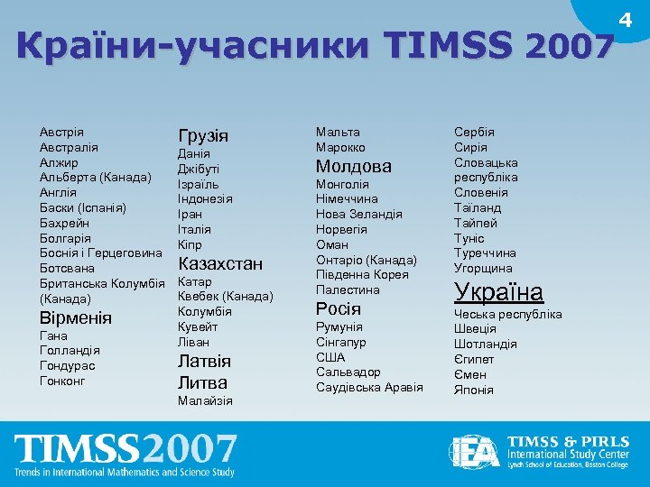 Країни-учасники TIMSS 2007 Австрія Австралія Алжир Альберта (Канада) Англія Баски (Іспанія) Бахрейн Болгарія Боснія