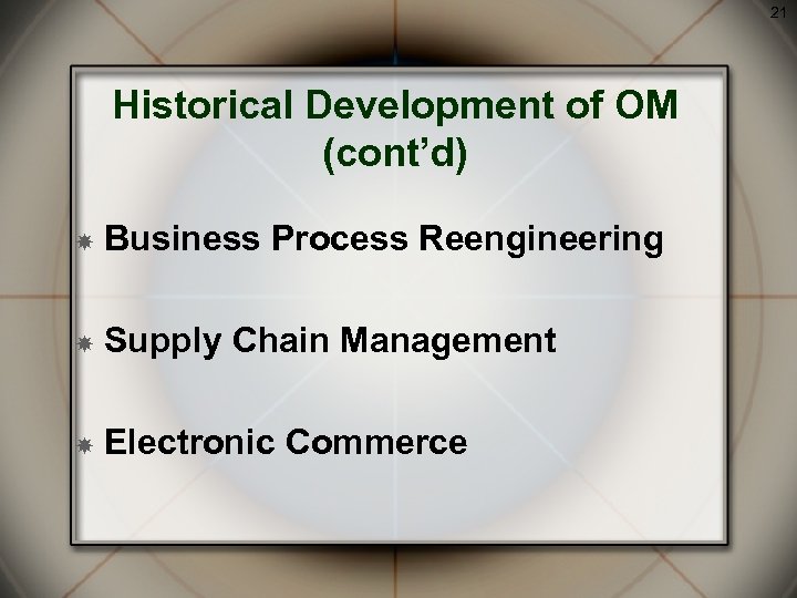 21 Historical Development of OM (cont’d) Business Process Reengineering Supply Chain Management Electronic Commerce