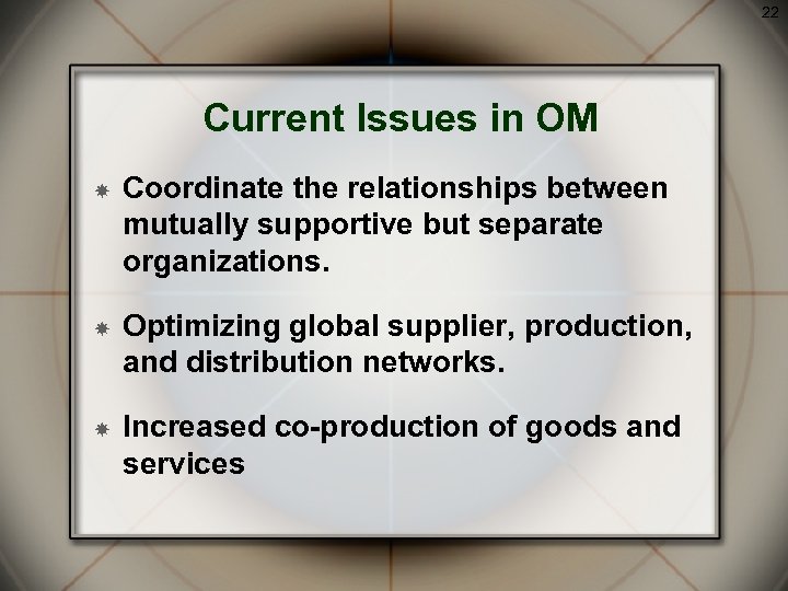 22 Current Issues in OM Coordinate the relationships between mutually supportive but separate organizations.