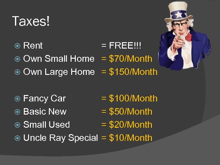 Taxes! Rent = FREE!!! Own Small Home = $70/Month Own Large Home = $150/Month