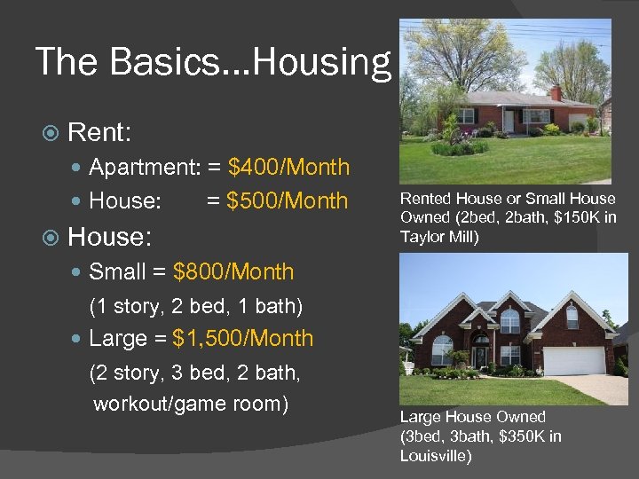 The Basics…Housing Rent: Apartment: = $400/Month House: = $500/Month House: Rented House or Small