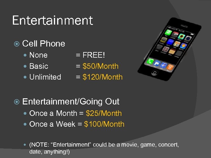 Entertainment Cell Phone None Basic Unlimited = FREE! = $50/Month = $120/Month Entertainment/Going Out