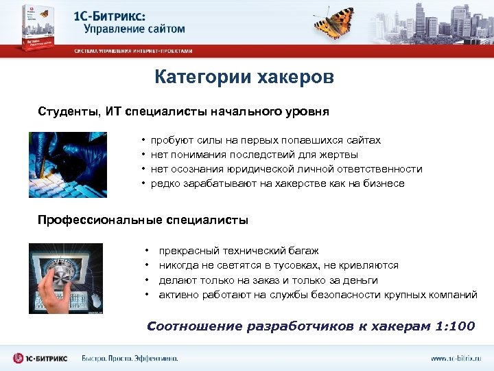 Категории хакеров Студенты, ИТ специалисты начального уровня • • пробуют силы на первых попавшихся