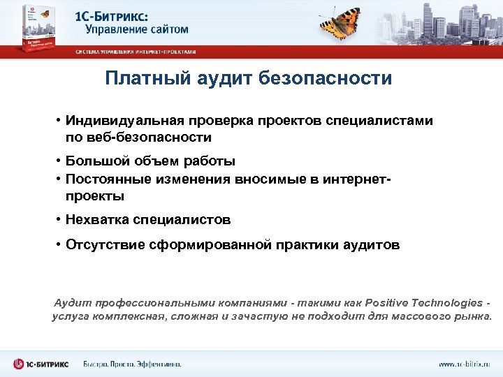Платный аудит безопасности • Индивидуальная проверка проектов специалистами по веб-безопасности • Большой объем работы