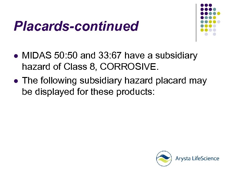 Placards-continued l l MIDAS 50: 50 and 33: 67 have a subsidiary hazard of