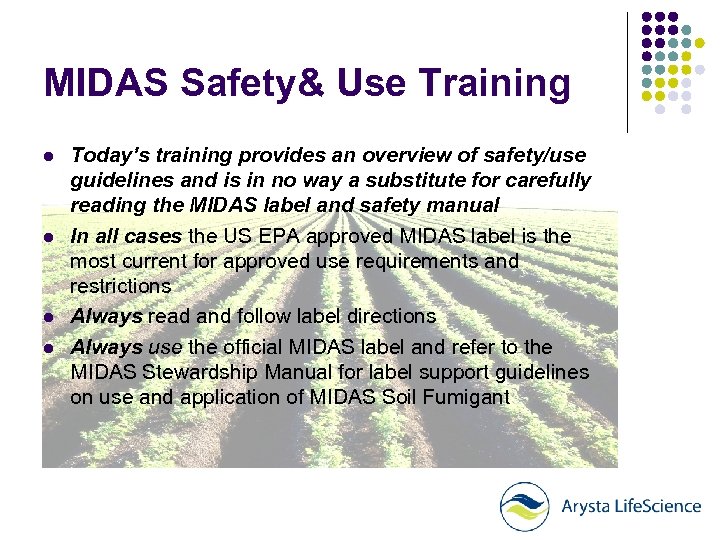 MIDAS Safety& Use Training l l Today’s training provides an overview of safety/use guidelines