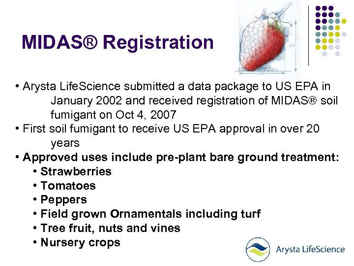 MIDAS® Registration • Arysta Life. Science submitted a data package to US EPA in