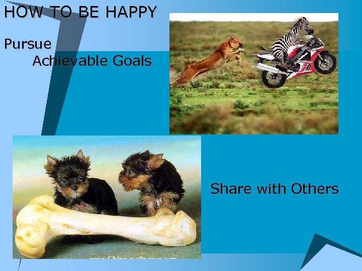 HOW TO BE HAPPY Pursue Achievable Goals Share with Others 