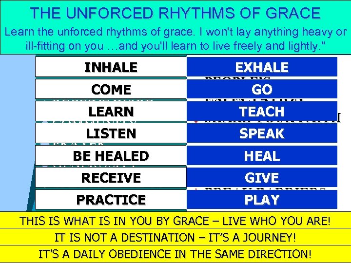 THE UNFORCED RHYTHMS OF GRACE Learn the unforced rhythms of grace. I won't lay