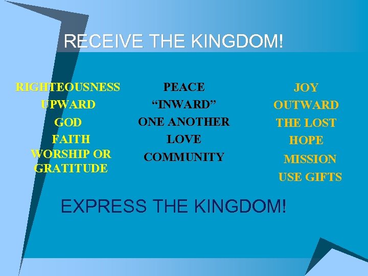 RECEIVE THE KINGDOM! RIGHTEOUSNESS UPWARD GOD FAITH WORSHIP OR GRATITUDE PEACE “INWARD” ONE ANOTHER