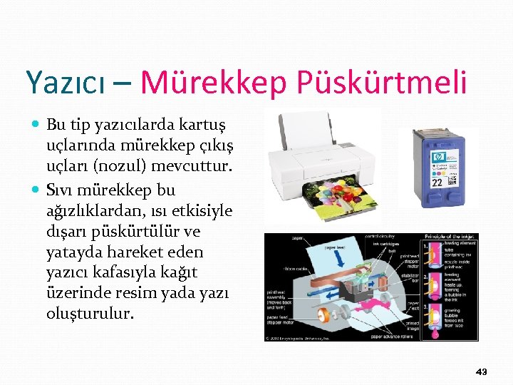 Yazıcı – Mürekkep Püskürtmeli Bu tip yazıcılarda kartuş uçlarında mürekkep çıkış uçları (nozul) mevcuttur.