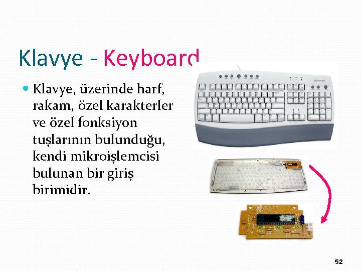 Klavye - Keyboard Klavye, üzerinde harf, rakam, özel karakterler ve özel fonksiyon tuşlarının bulunduğu,