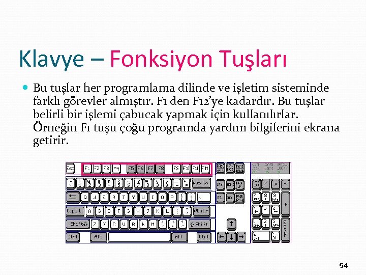Klavye – Fonksiyon Tuşları Bu tuşlar her programlama dilinde ve işletim sisteminde farklı görevler