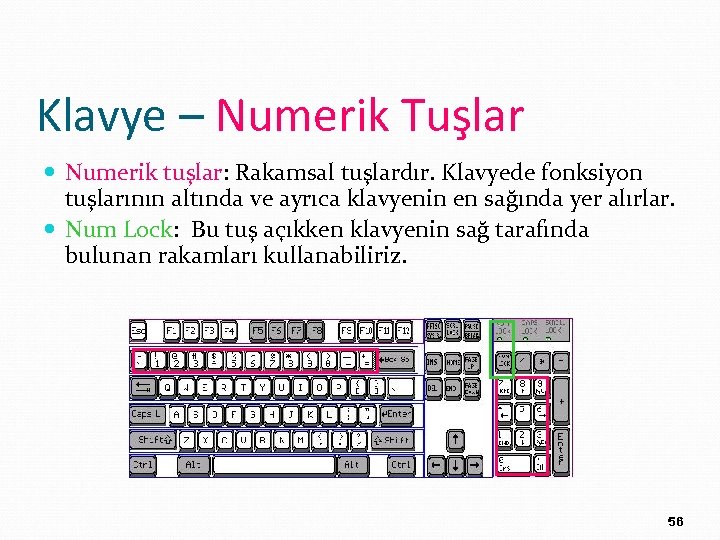 Klavye – Numerik Tuşlar Numerik tuşlar: Rakamsal tuşlardır. Klavyede fonksiyon tuşlarının altında ve ayrıca