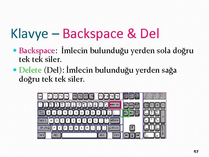 Klavye – Backspace & Del Backspace: İmlecin bulunduğu yerden sola doğru tek siler. Delete