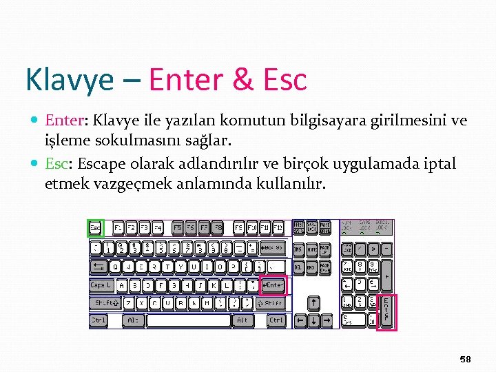 Klavye – Enter & Esc Enter: Klavye ile yazılan komutun bilgisayara girilmesini ve işleme