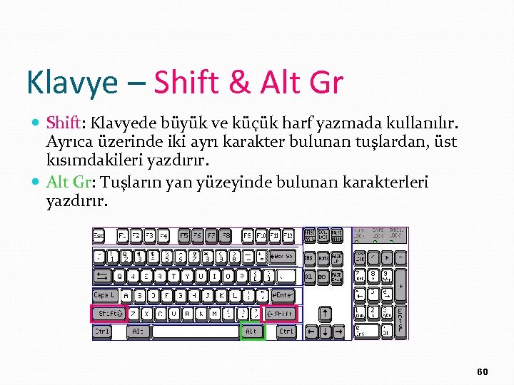 Klavye – Shift & Alt Gr Shift: Klavyede büyük ve küçük harf yazmada kullanılır.