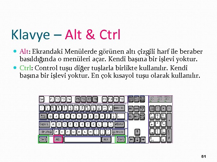 Klavye – Alt & Ctrl Alt: Ekrandaki Menülerde görünen altı çizgili harf ile beraber