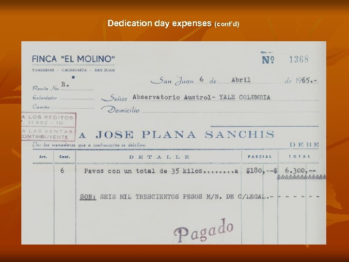 Dedication day expenses (cont’d) 