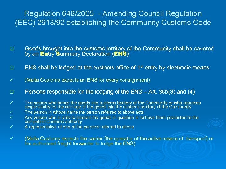 Regulation 648/2005 - Amending Council Regulation (EEC) 2913/92 establishing the Community Customs Code q