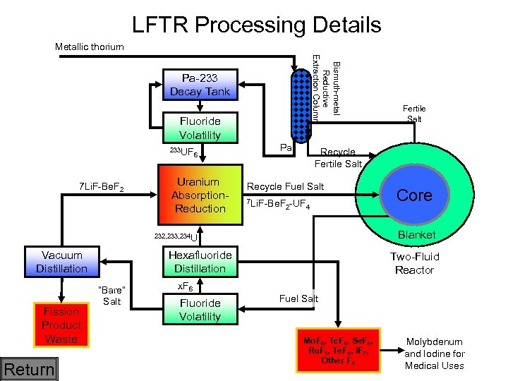 LFTR Processing Details Metallic thorium Bismuth-metal Reductive Extraction Column Pa-233 Decay Tank Fluoride Volatility