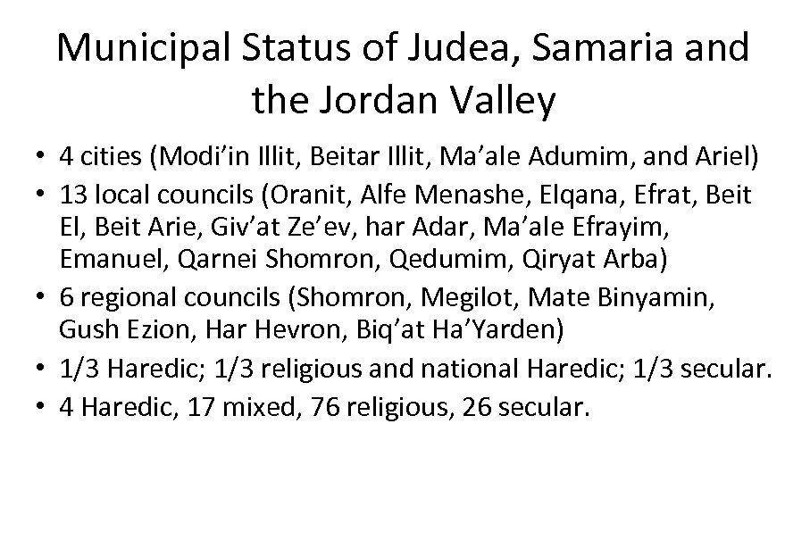 Municipal Status of Judea, Samaria and the Jordan Valley • 4 cities (Modi’in Illit,