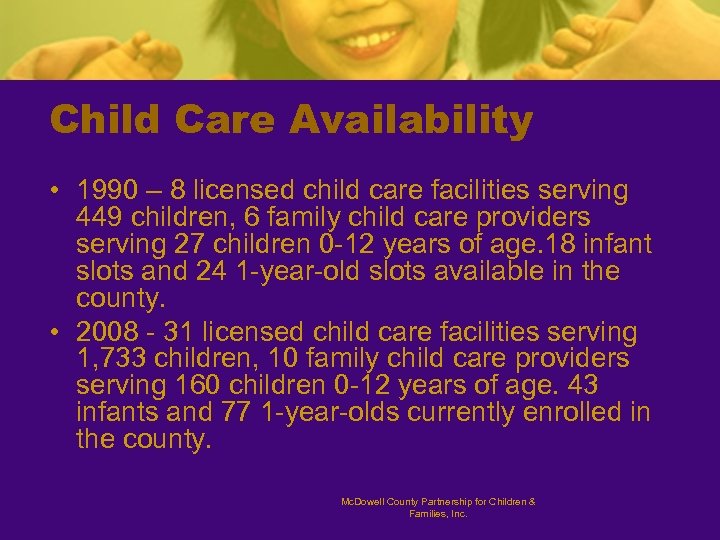 Child Care Availability • 1990 – 8 licensed child care facilities serving 449 children,