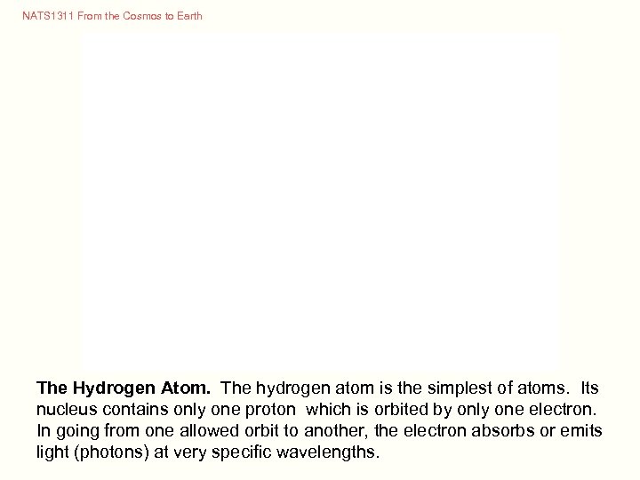 NATS 1311 From the Cosmos to Earth The Hydrogen Atom. The hydrogen atom is