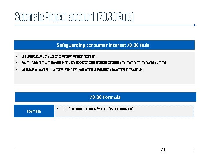 Separate Project account (70: 30 Rule) Safeguarding consumer interest 70: 30 Rule § §